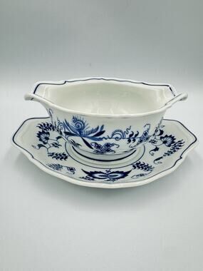 Vintage Blue Danube Blue Onion Gravy Boat with Attached Underplate